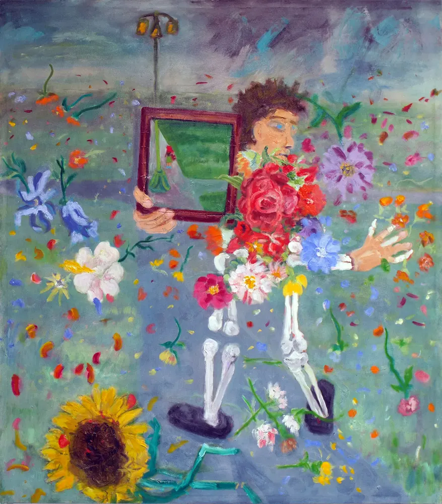 Oil painting of a man dying by exploding into flowers